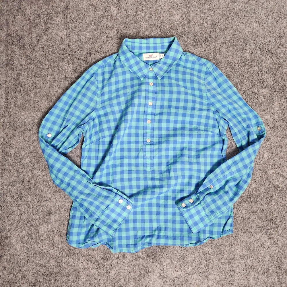 Vineyard Vines Capri Popover‎ Shirt Women Size 8 Blue Gingham Plaid Three Color